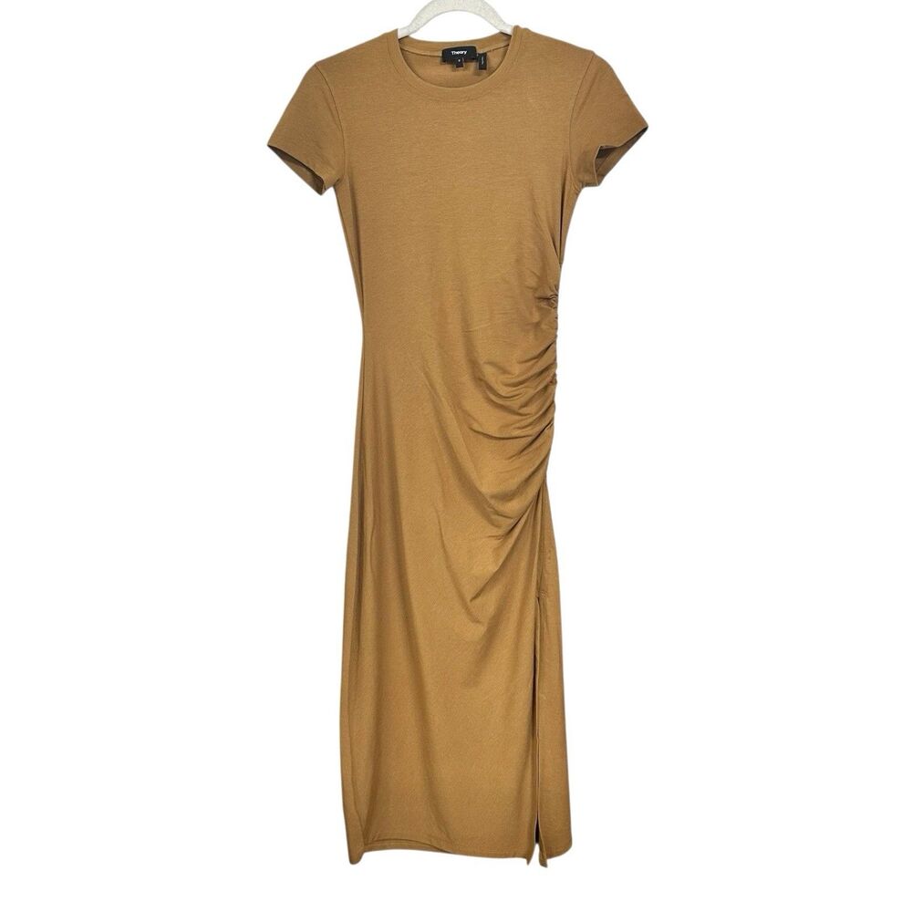 Theory Womens Sz P (XS) Shirred Tee Dress Stretch Cotton Blend Sahara Yellow